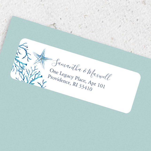 Etiqueta Rótulos de Endereço de Aquarela Submarina Costeira (Return address sticker features watercolor starfish and sea coral art by Victoria Grigaliunas)