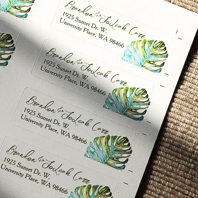 Etiqueta Rótulos de endereço de retorno da folha Monstera,  (Tropical Blue Turquoise, and Green Monstera Leaf Address Labels)