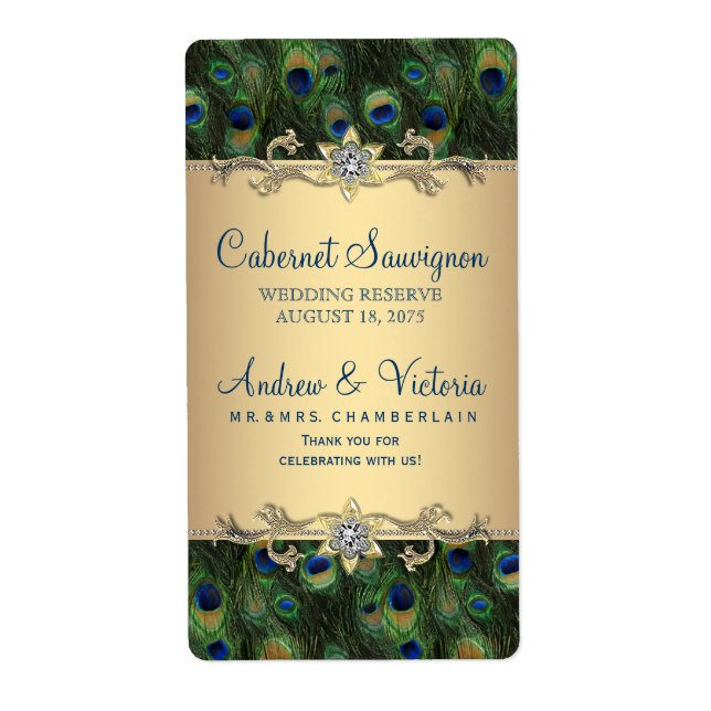 Etiqueta Rótulos de Vinho de Casamento Pavão Dourado (Frente)