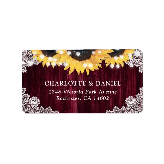 Etiqueta Rótulos Rustic Burgundy Lace Sunflower (Frente)