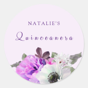 Etiqueta roxa de Quinceanera da flor branca do