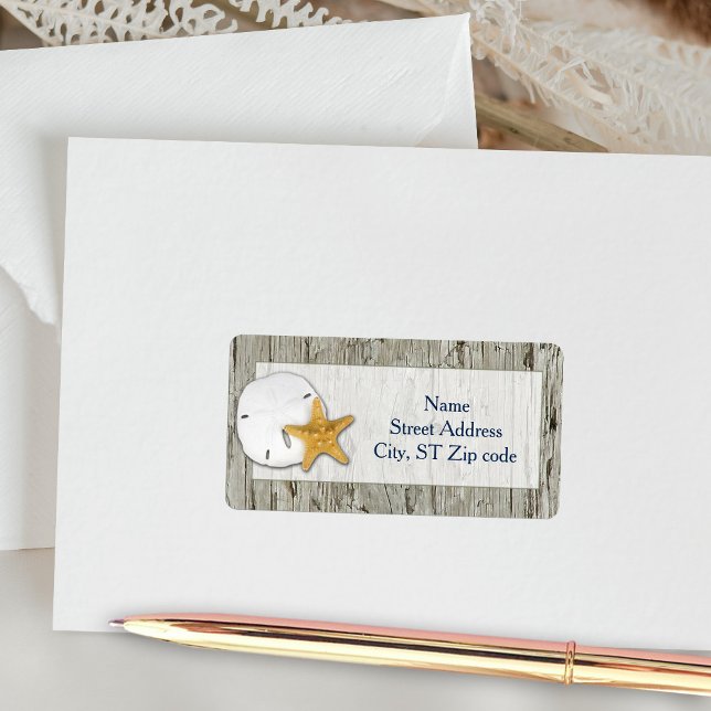 Etiqueta Rustic Beach Driftwood Sand Dollar Casamento Ender (Criador carregado)