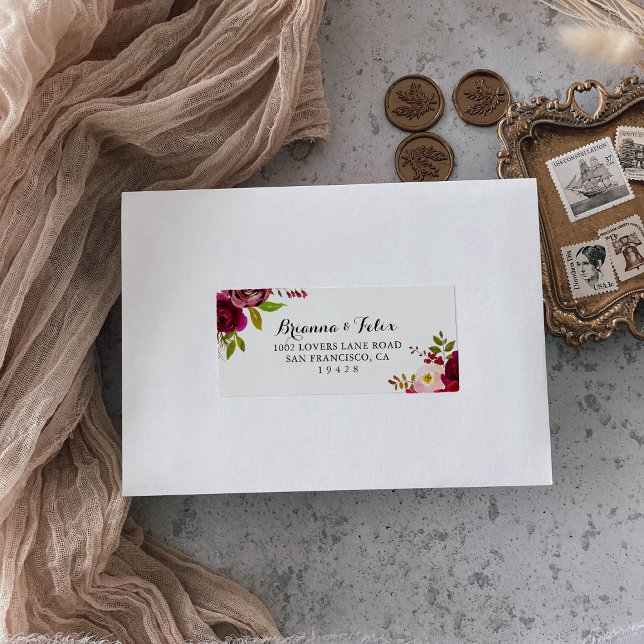 Etiqueta Rustic Blush Burgundy Floral Wedding Endereço RSVP (Criador carregado)
