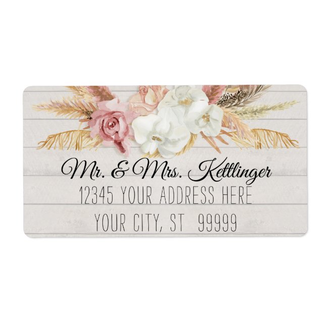 Etiqueta Rustic Boho Pampas Palm Blush Floral Greenery Made (Frente)