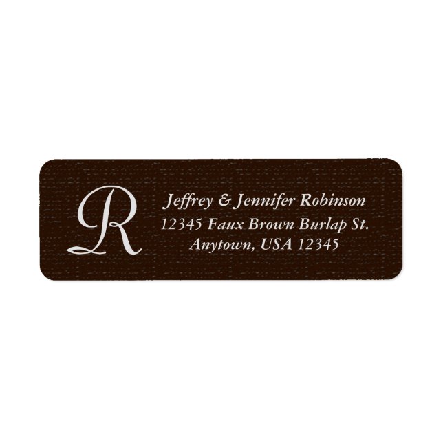 Etiqueta Rustic Brown Burlap Name and Address Monograma (Frente)