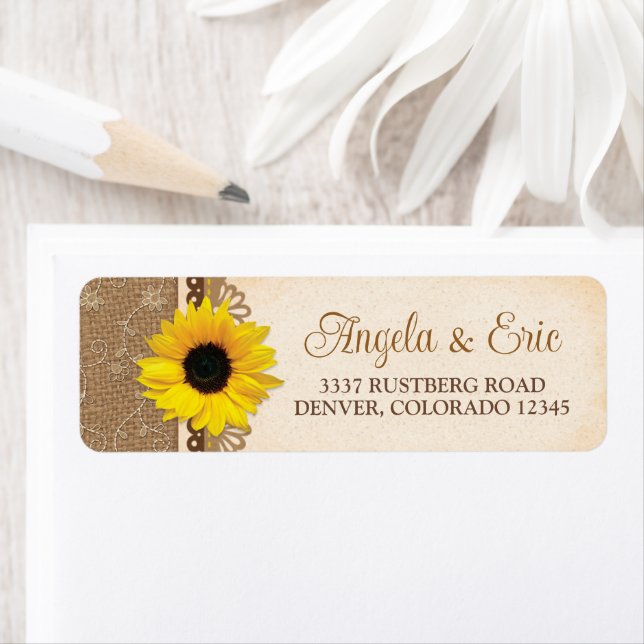 Etiqueta Rustic Burlap Lace Sunflower Endereço (Insitu)