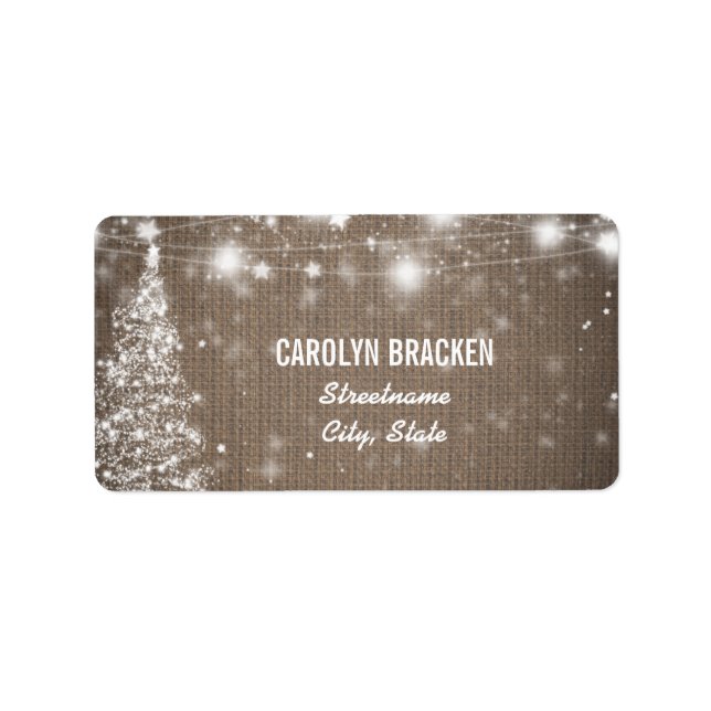 Etiqueta Rustic Burlap Shimmering Stars Árvore de Natal (Frente)