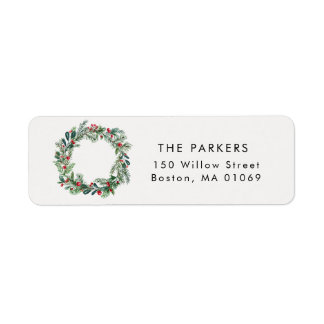 Etiqueta Rustic Christmas Holly Berries Pine Wreath Endereç