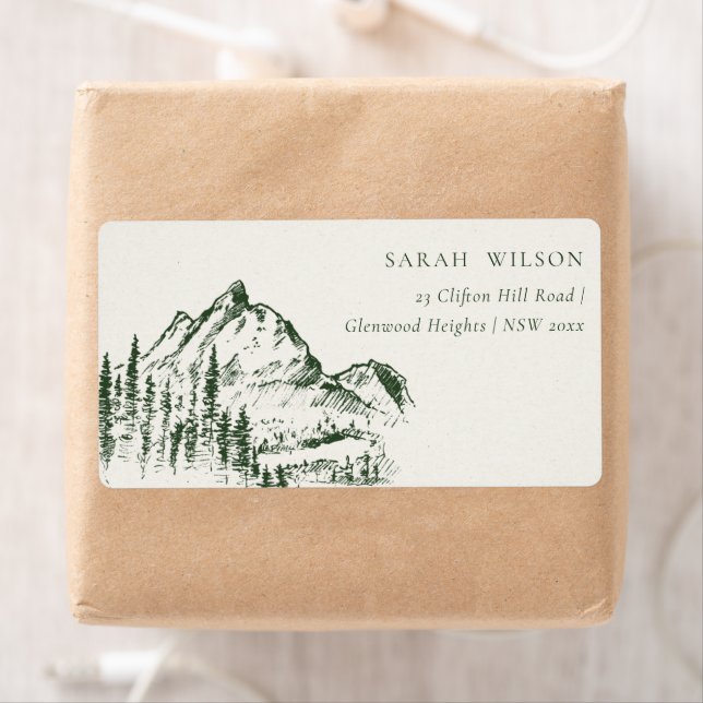 Etiqueta Rustic Green Pine Woods Mountain Sketch Endereço (Insitu)
