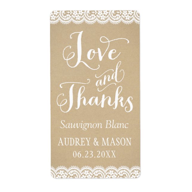 Etiqueta Rustic Kraft e Lace Wedding Wine Favor (Frente)