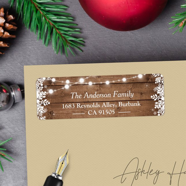 Etiqueta Rustic String Lights Winter Snowflakes Feriado (Criador carregado)