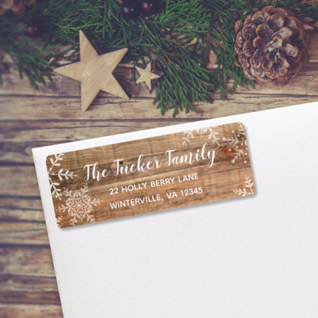 Etiqueta Rustic Winter Address Label Snowflakes sobre Madei (Criador carregado)
