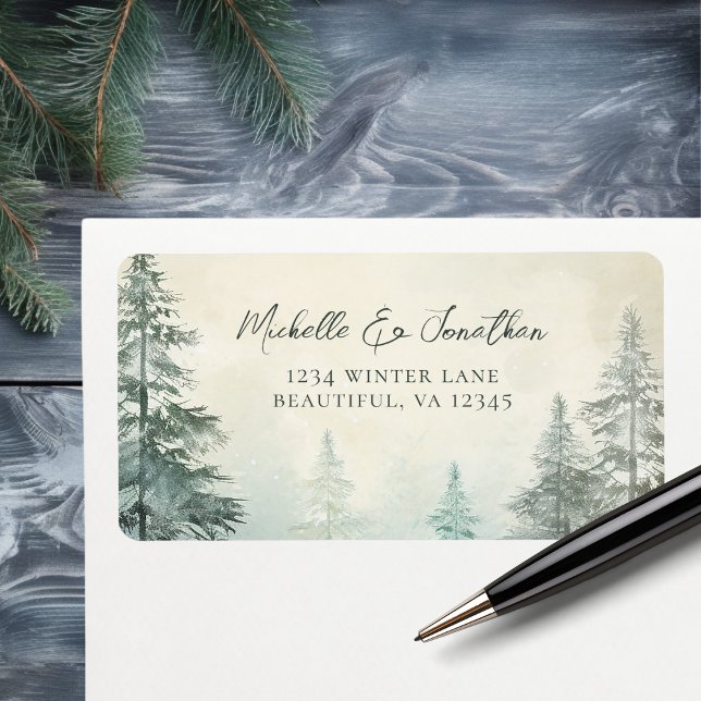 Etiqueta Rustic Winter Pine Forest Woodland Endereço De Cas (Rustic Winter Pine Forest Woodland Wedding Address Label)