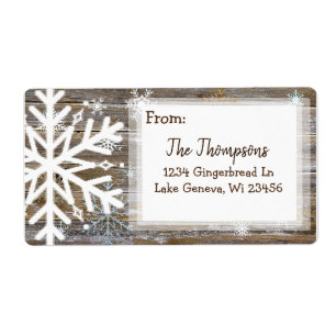 Etiqueta Rustic Wood and Christmas Snowflakes Endereço