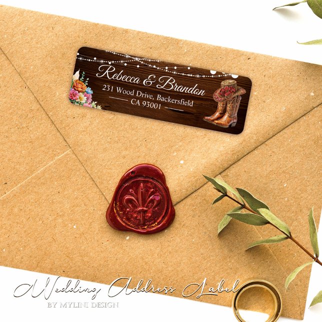 Etiqueta Rustic Wood Cowboy Boots Western Wedding Endereço (Criador carregado)