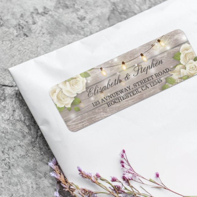 Etiqueta Rustic Wood Floral String Lights Endereço De Casam (Criador carregado)