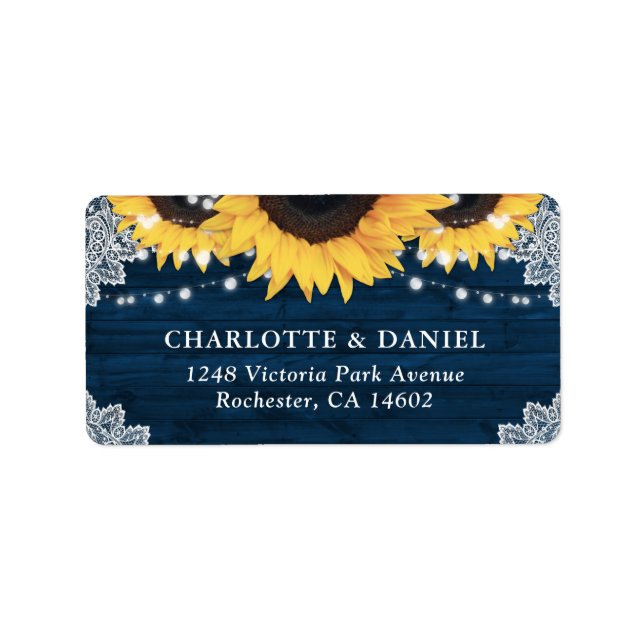 Etiqueta Rustic Wood Navy Blue Sunflower Wedding Address (Frente)
