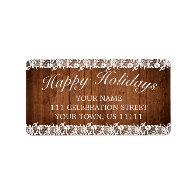 Etiqueta Rustic Wood & White Lace Happy Holidays Endereço (Frente)