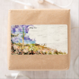 Etiqueta Saguaro Cactus Arizona Desert Purple Watercolor