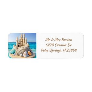 Etiqueta Sandcastle e Seashells na praia