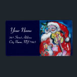 Etiqueta SANTA CLAUS E VIOLIN Musical Christmas Blue<br><div class="desc">Pintura colorida,  branca e artística em acrílico,  Papais noeis estão tocando violino na noite de inverno nevada,  coruja,  ornamentos florais,  plantas de inverno,  bagas ocas em cores vermelho brilhante,  verde,  branco,  azul,  amarelo.</div>