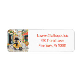 Etiqueta Scooter de passeio Black Doodle nas ruas da cidade