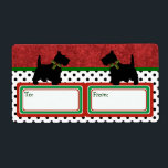 Etiqueta Scottish Terrier Christmas Gifts Scottie Dog Diver<br><div class="desc">Bons escoceses vestindo colarinhos de coroas sagradas trazendo presentes de Papais noeis nesse colorido rótulo de animais vermelho e verde,  preto e branco do Natal Feriado escocês Terrier. Aproveite.</div>