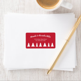 Etiqueta Script branco moderno com árvores de Natal em verm