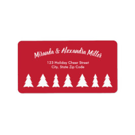 Etiqueta Script branco moderno com árvores de Natal em verm