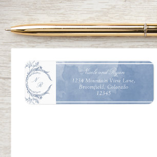 Etiqueta Script Dusty Blue Watercolor, Casamento Monograma