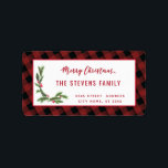Etiqueta Script moderno Merry Christmas red xadrez holly La<br><div class="desc">guião moderna xadrez de Natal Feliz. Design profissional moderno e atraente com o toque contemporâneo. Um toque de elegância e estilo.Personalize com os detalhes do seu monograma inicial,  nome e endereço.</div>