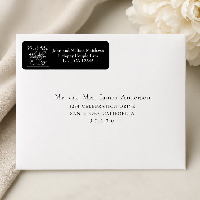 Etiqueta Script Mr e Mrs Monograma Casamento Preto (Criador carregado)