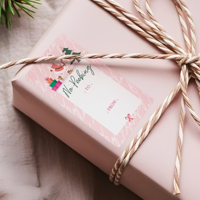 Etiqueta Sem Papais noeis De Natal Rosa Pinchados Ice Patin (No Peeking Pink Christmas Santa Ice Skating Fa La Label)