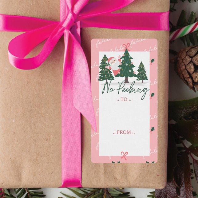Etiqueta Sem Pequim O Pai Natal Escondendo-Se, Árvore De Na (No Peeking Santa Claus Hiding, Christmas Tree Pink Label)