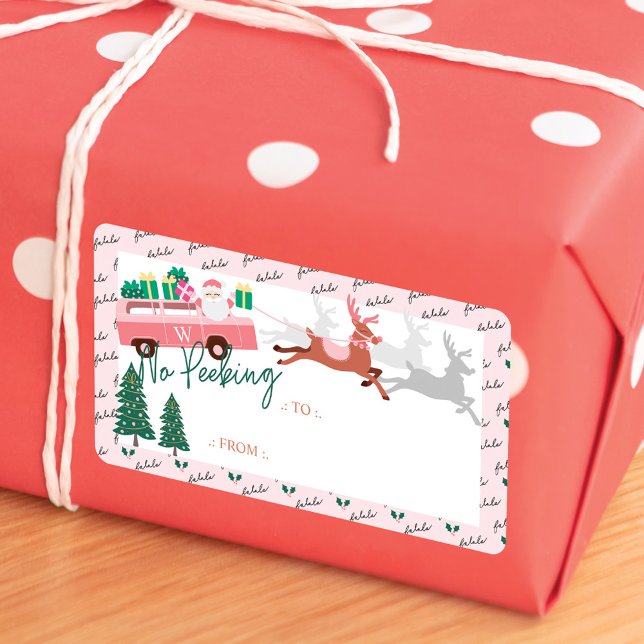 Etiqueta Sem Van e Reiners Retro Rosa Pioneira (No Peeking Pink Retro Van & Reindeers Label)