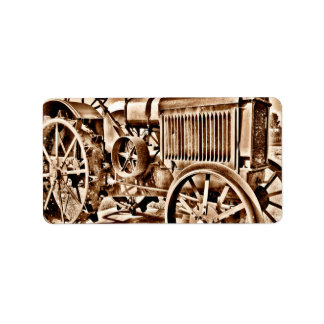 Etiqueta Sepia Clássica de Equipamento de Fazenda de Trator