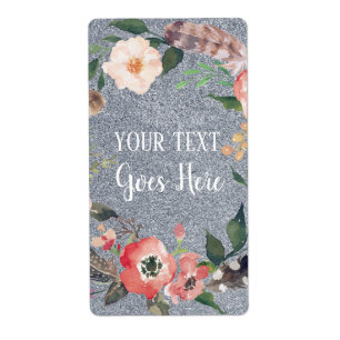 Etiqueta Seu texto Vintage Floral Wreath Silver Gliter