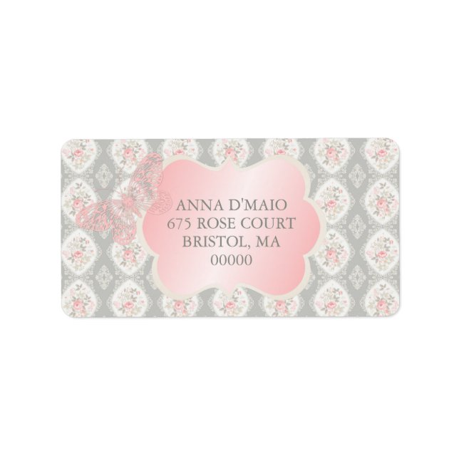 Etiqueta Shabby Rosas Rosa Anticas Damask Borboleta (Frente)