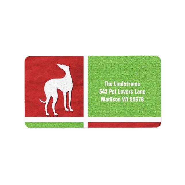 Etiqueta Silhueta Greyhound de Natal em Vermelho e Verde (Frente)