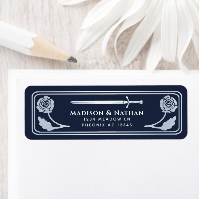 Etiqueta Silver Blue Medieval Fantasy Sword Wedding Label (Insitu)