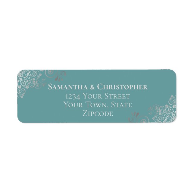 Etiqueta Silver Frills Elegant Teal Wedding Endereço de Dev (Frente)