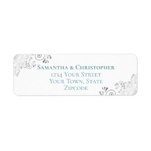 Etiqueta Silver Frills Teal on White Wedding Return Address