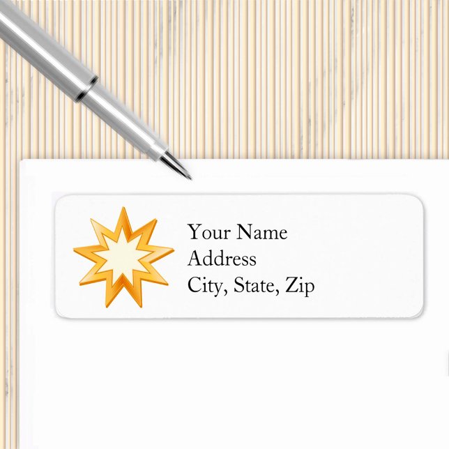 Etiqueta Símbolo Baha'i (Gold nine pointed star, symbol of the Baha’i faith.  2.25" x 0.75" Label)