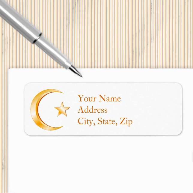 Etiqueta Símbolo Islâmico (Crescent moon and star, symbol of Islam. Customize with your text. )
