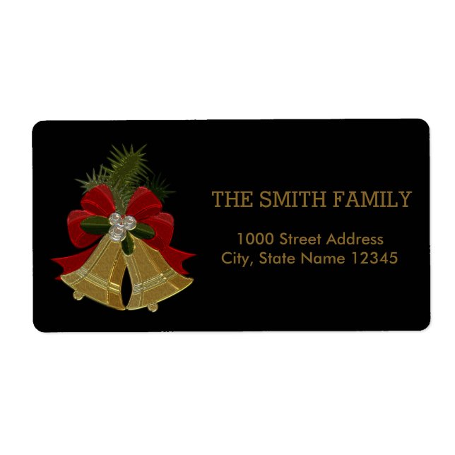Etiqueta Sino de Ouro de Natal com Fundo Preto (Frente)