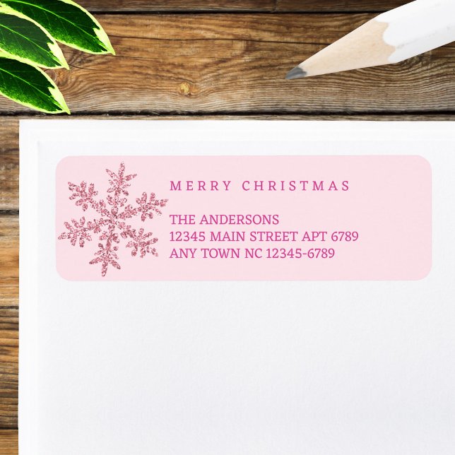 Etiqueta Snowflake Glam Rosa Glam Natal informal (Custom Merry Christmas return address labels with pink faux sparkle snowflakes just feel so right)