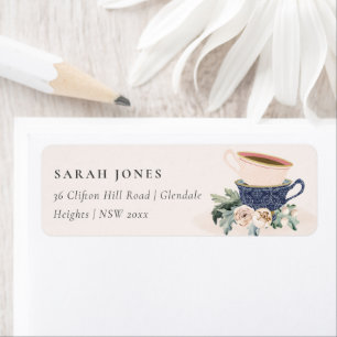 Etiqueta Soft Blush Blue Stacked Tea Cups Floral Address