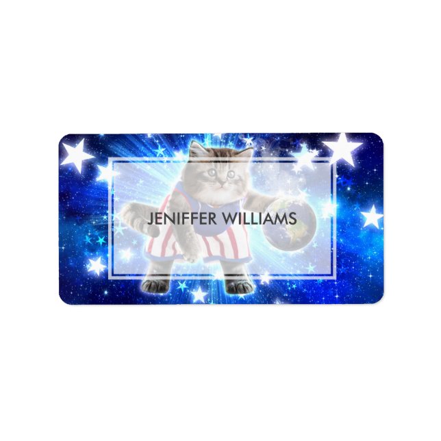 Etiqueta Space cat jogando basquetebol (Frente)