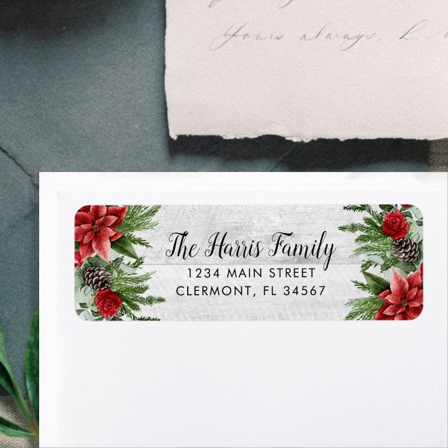 Etiqueta Spruce Pinecone e Poinsettia em Madeira Branca (Criador carregado)