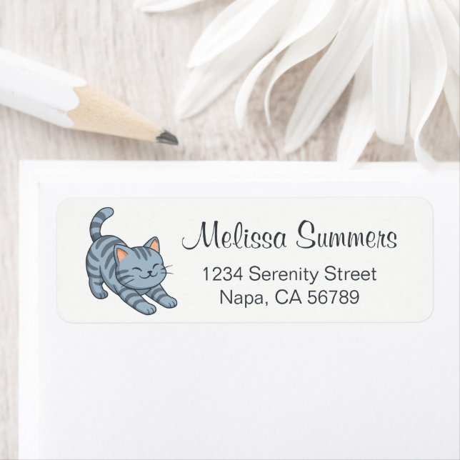 Etiqueta Stretching Grey Tabby Cat (Insitu)